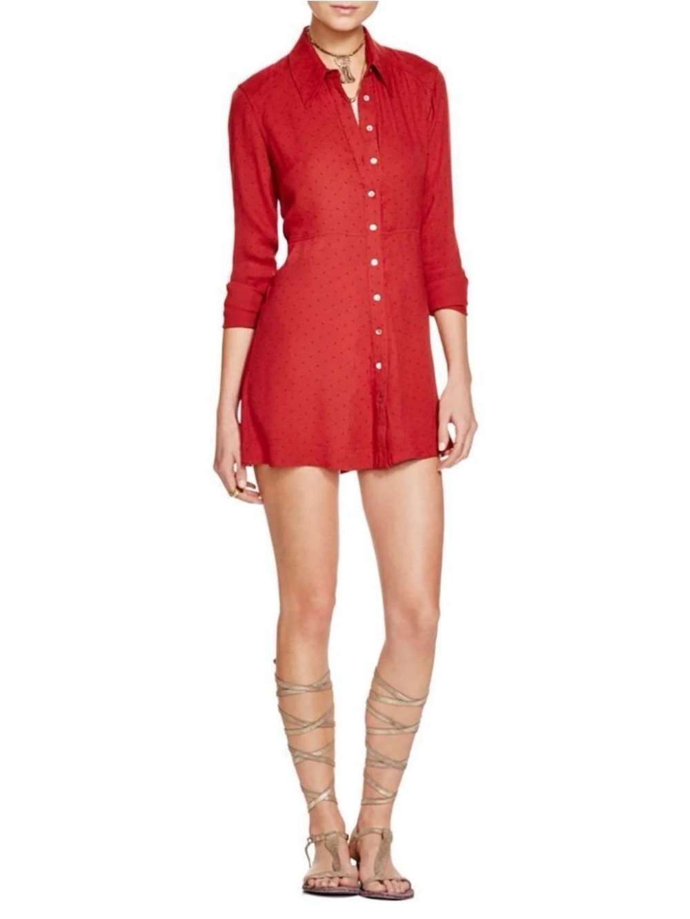 Women’s Free People This Town Red Polka Dot Button Down Mini Shirt Flowy Dress L
